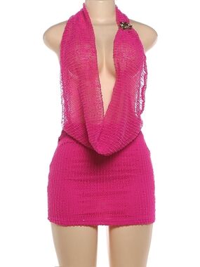 Women's Hot Pink Crochet Halter Swim Cover-Up Dress